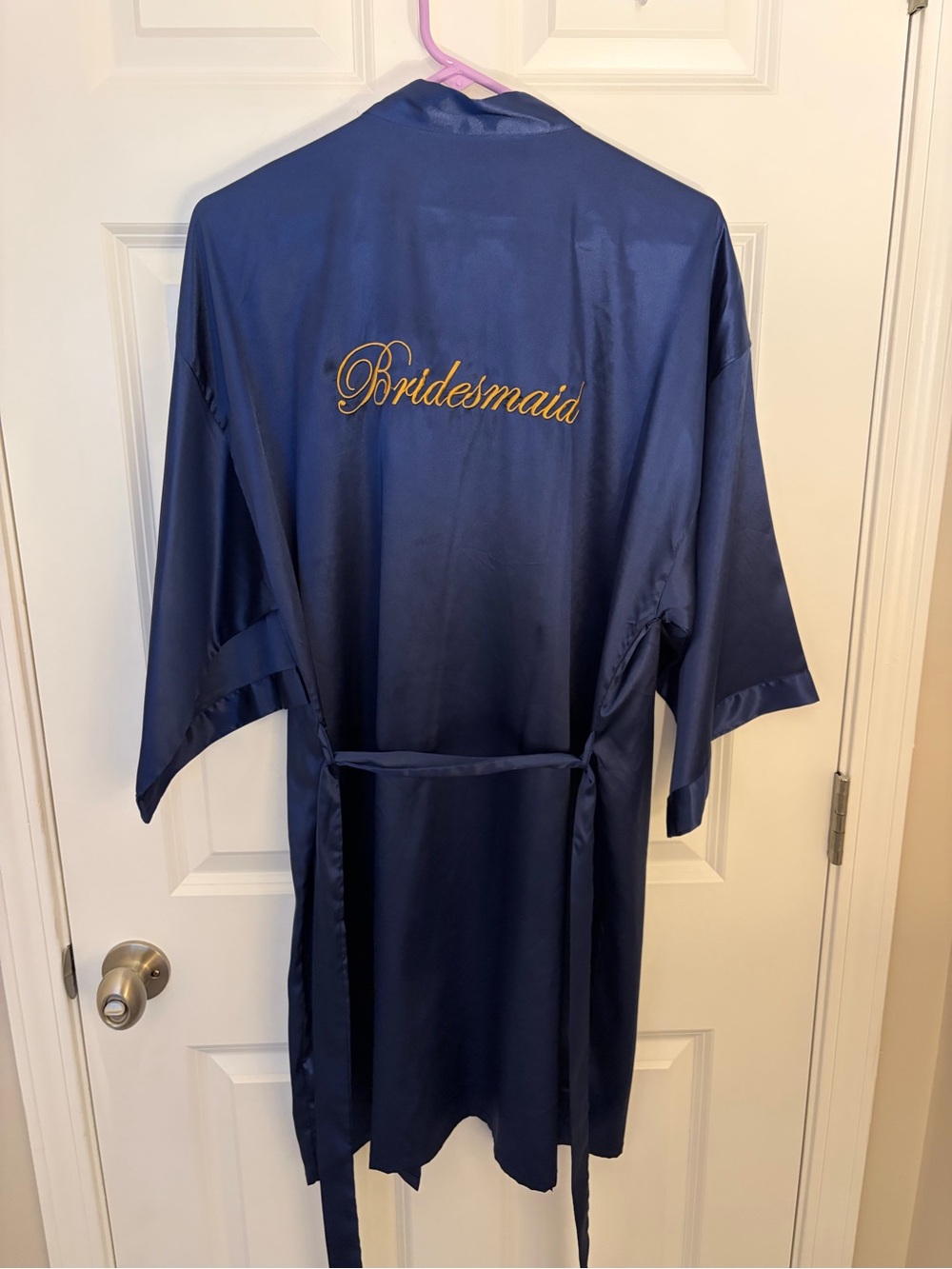 Navy Satin Bridesmaid Robe with Gold Script XL